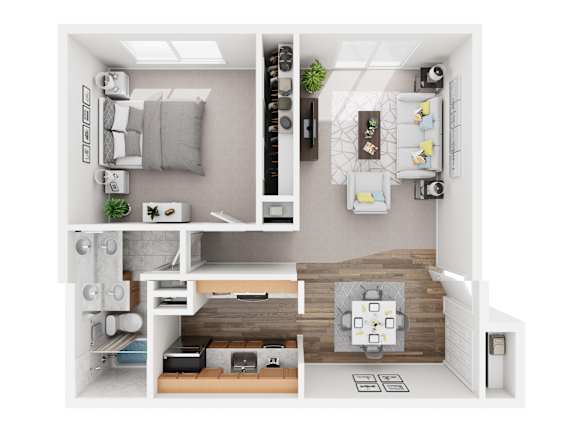A modern, white-themed apartment layout with a kitchen, living room, and bedroom.