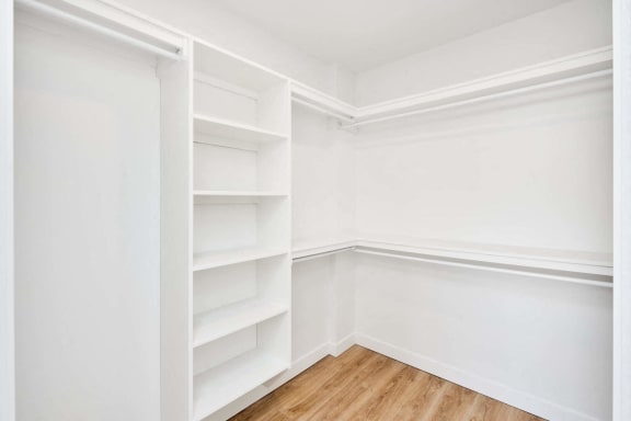 a white closet with shelves and a wood floor