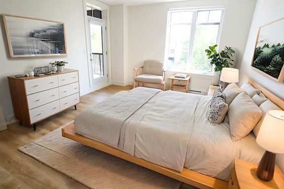 A bedroom with a large bed, a chair, and a painting on the wall.