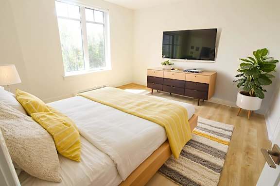 A bedroom with a bed, a dresser, a TV, and a plant.