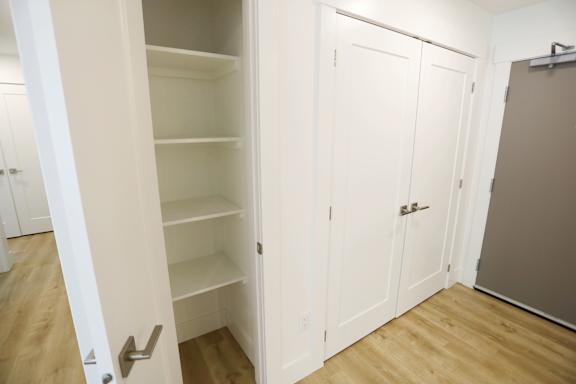 A white closet with a brown door.