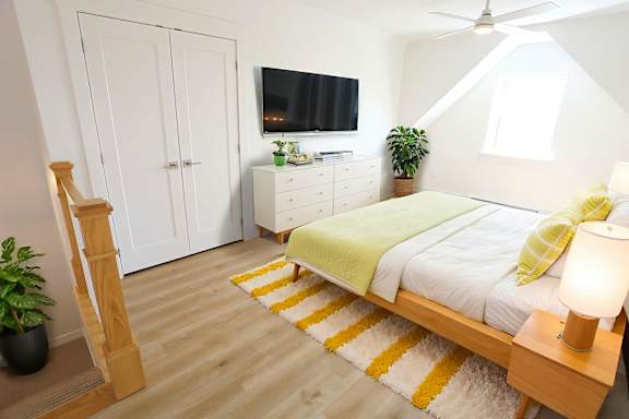 A bedroom with a bed, a dresser, a TV, and a plant.