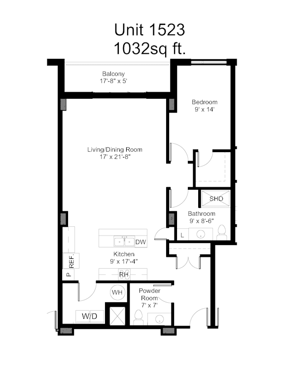 A floor plan for a 1032 square foot unit with a living room, dining room, kitchen, bathroom, bedroom, and powder room.