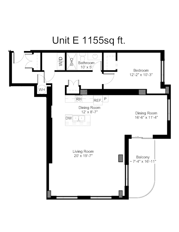 A floor plan of a 1155 square feet unit with a living room, two dining rooms, two bedrooms, a bathroom, and a balcony.