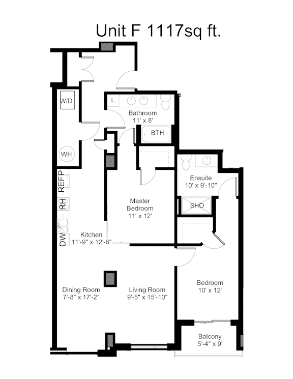 A black and white image of a floor plan for a 1117 square foot unit.