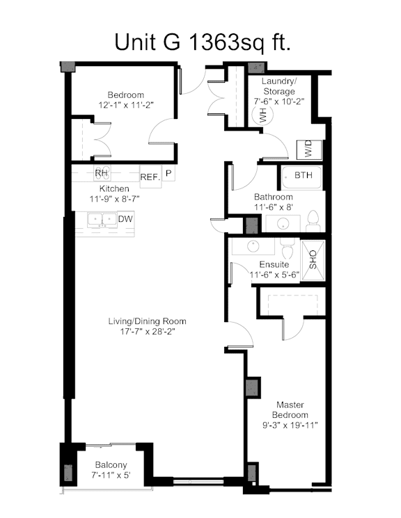 A floor plan of a 1363 square foot unit with a living/dining room, kitchen, two bedrooms, a bathroom, and a balcony.