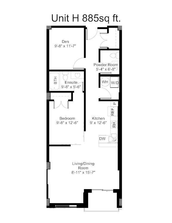 A floor plan for a 885 square foot unit with a living/dining room, kitchen, bedroom, powder room, and den.