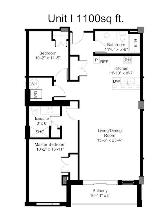 A black and white image of a floor plan for a 1100 square foot unit.