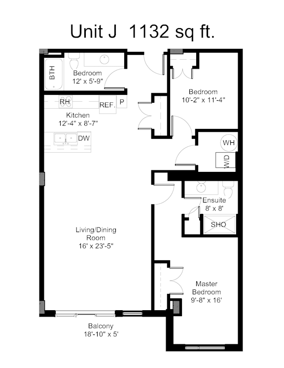 A black and white image of a floor plan for Unit J, which is 1132 square feet.
