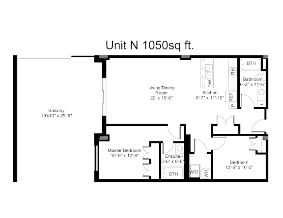 A black and white image of a floor plan for Unit N, which is 1050 square feet.
