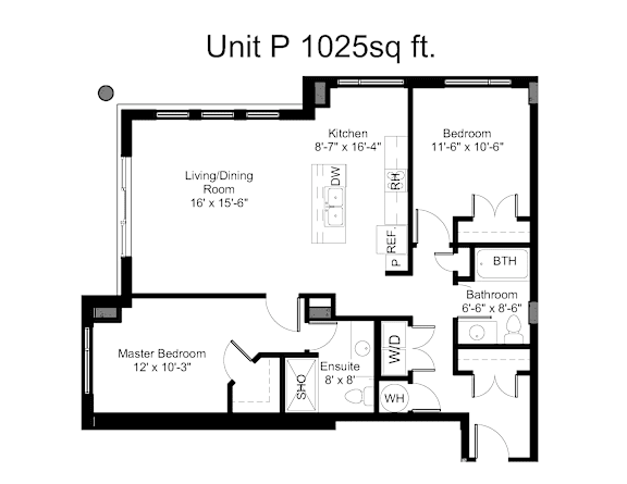 A black and white image of a floor plan for a 1025 square foot unit.
