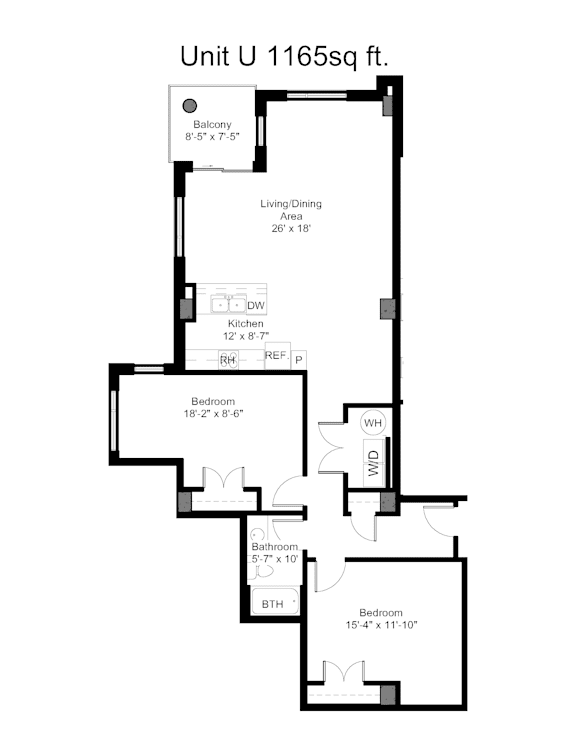 A black and white image of a floor plan for a 1165 square foot unit.
