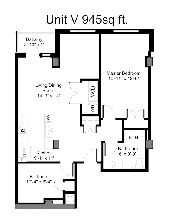 A black and white image of a floor plan for a 945 square foot unit.