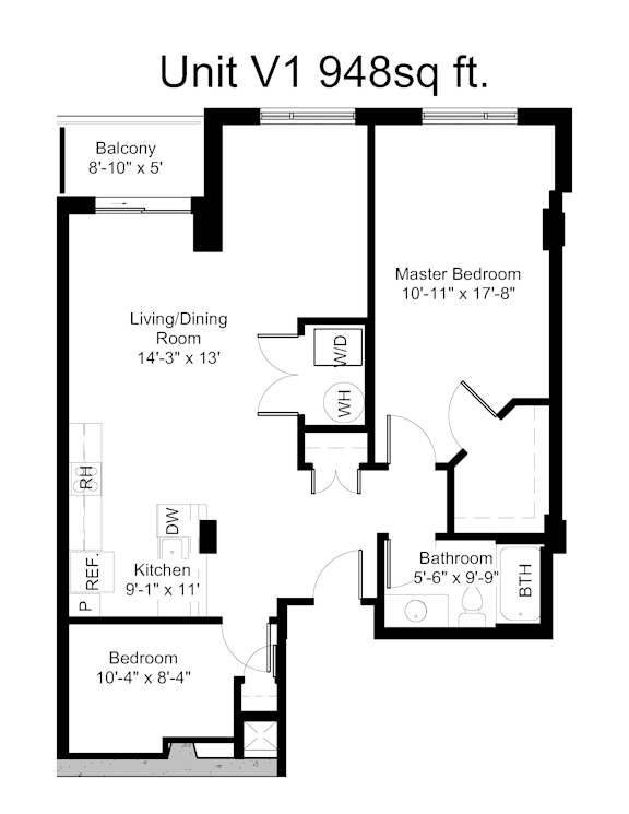 A floor plan of a 948 square foot unit with a living room, dining room, kitchen, bathroom, bedroom, and balcony.
