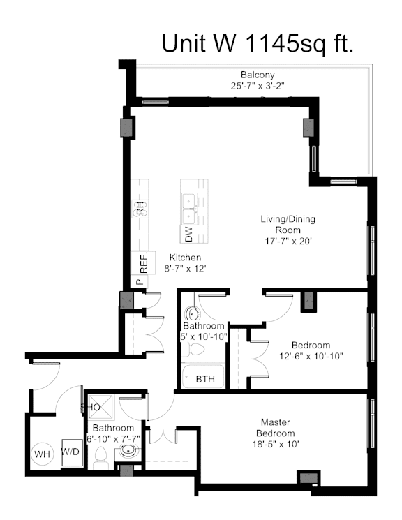 A drawing of a floor plan for a 1145 square foot unit.