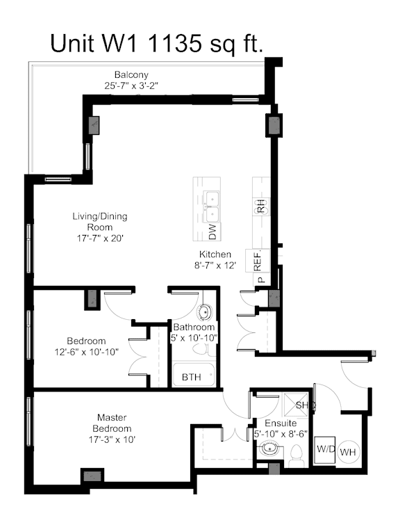 A floor plan for a 1135 sq ft unit with a balcony, living/dining room, kitchen, bathroom, and two bedrooms.