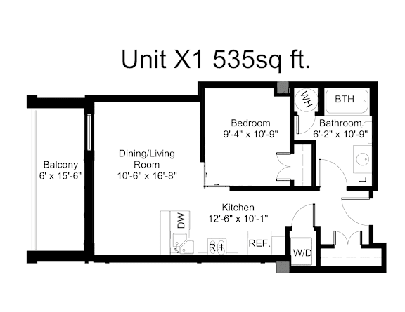A floor plan of a 535 square foot unit with a kitchen, dining room, living room, bedroom, bathroom, and balcony.