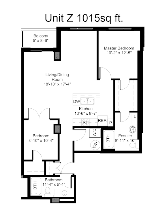 A floor plan for a 1015 square foot unit with a living room, dining room, kitchen, bathroom, and two bedrooms.