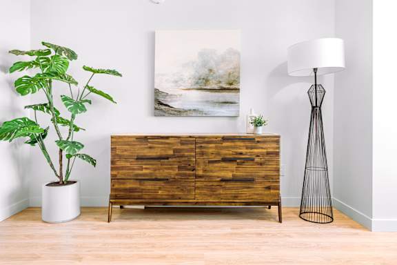 A potted plant sits next to a wooden chest of drawers and a floor lamp in a room.