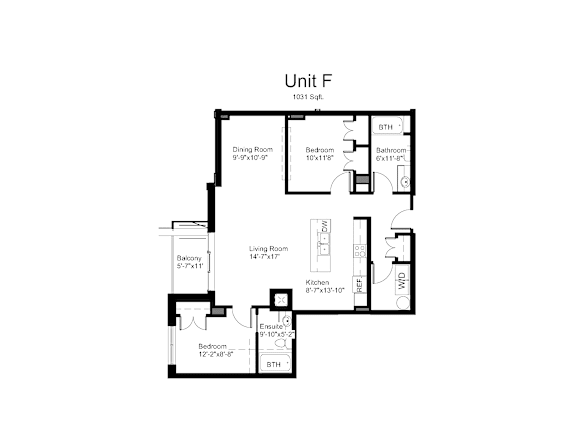 Floorplan of a 1 bedroom, 2 bathroom unit with a den