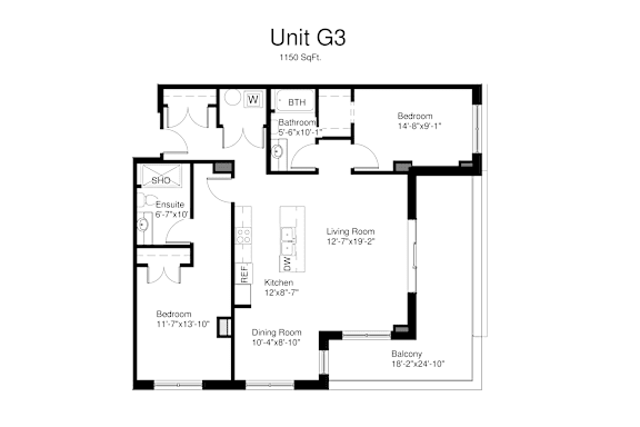 Floorplan of a 2 bedroom, 2 bathroom unit