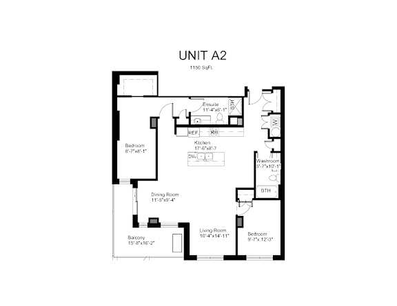 Floorplan of a 2 bedroom, 2 bathroom unit with a den