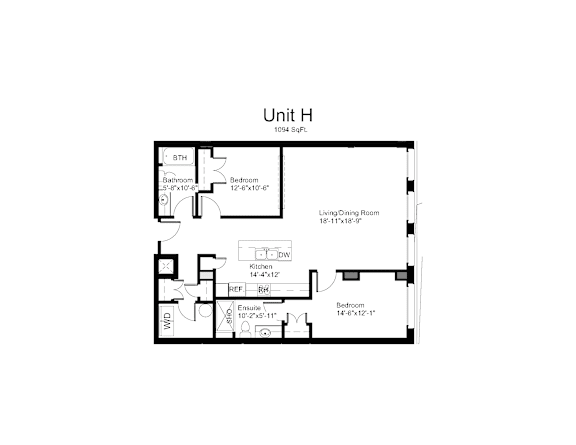 Floorplan of a 2 bedroom, 2 bathroom unit