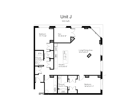 Floorplan of a 2 bedroom, 2 bathroom unit with a den