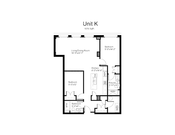 Floorplan of a 2 bedroom, 2 bathroom unit