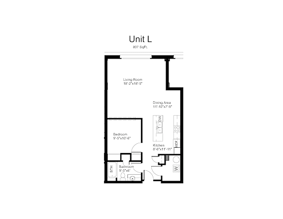 Floorplan of a 1 bedroom, 1 bathroom unit
