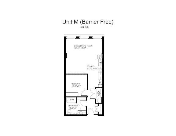 Floorplan of a 1 bedroom, 1 bathroom unit