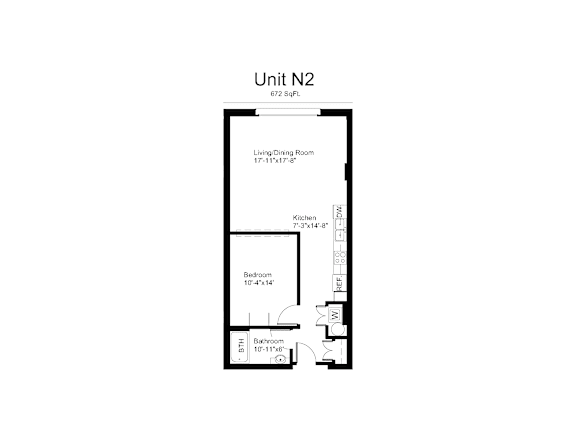 Floorplan of a 1 bedroom, 1 bathroom unit