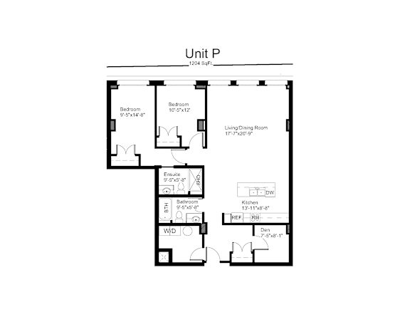 Floorplan of a 2 bedroom, 2 bathroom unit