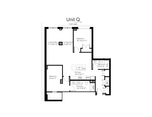 Floorplan of a 2 bedroom, 2 bathroom unit