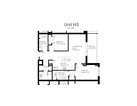 Floorplan of a 2 bedroom, 2 bathroom unit