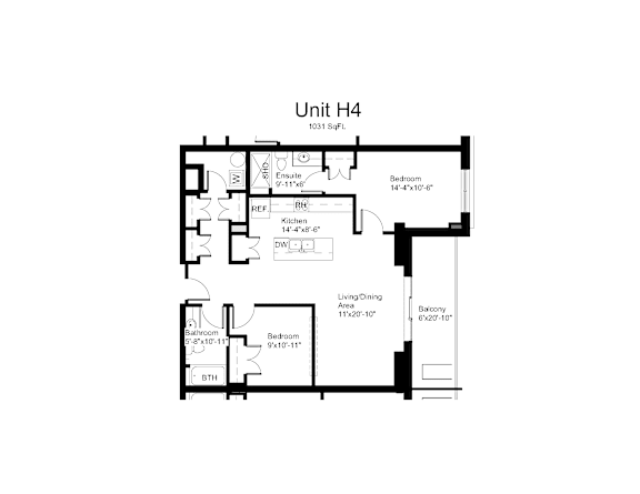 Floorplan of a 2 bedroom, 2 bathroom unit