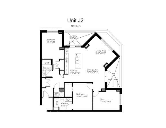 Floorplan of a 2 bedroom, 2 bathroom unit with a den