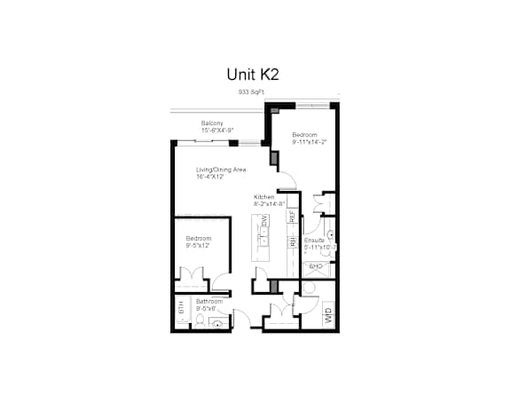 Floorplan of a 2 bedroom, 2 bathroom unit with a den
