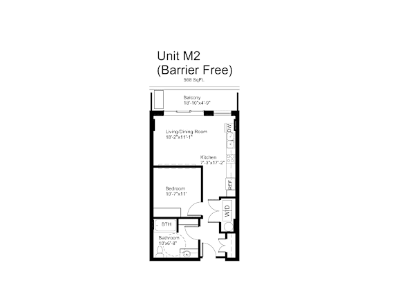 Floorplan of a 1 bedroom, 1 bathroom unit
