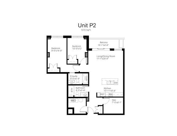 Floorplan of a 2 bedroom, 2 bathroom unit