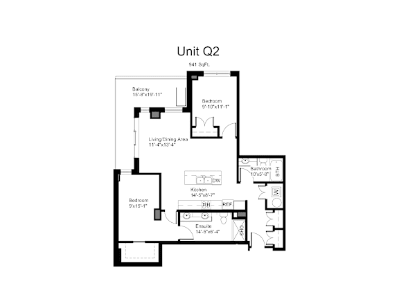 Floorplan of a 2 bedroom, 2 bathroom unit