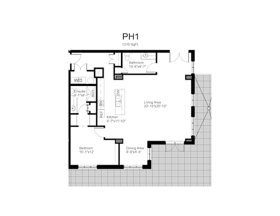Floorplan of a 2 bedroom, 2 bathroom unit
