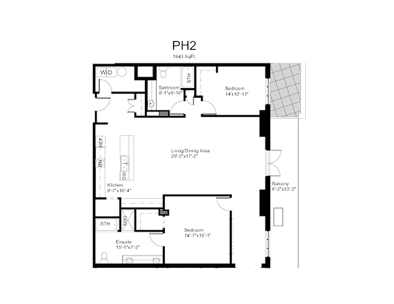 Floorplan of a 2 bedroom, 2 bathroom unit