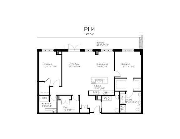 Floorplan of a 2 bedroom, 2 bathroom unit