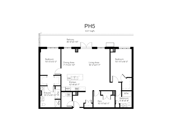 Floorplan of a 2 bedroom, 2 bathroom unit