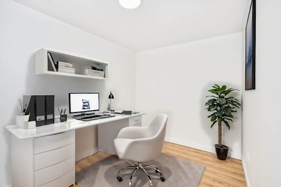 A white desk with a laptop and a plant in a pot.