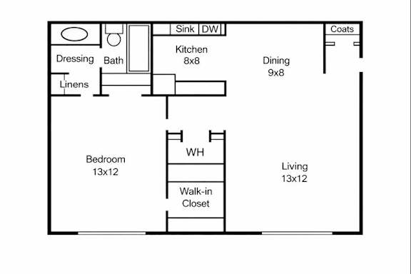 A floor plan of a house with a living room, dining room, kitchen, bathroom, and bedrooms.