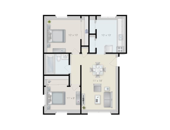A floor plan of a house with a kitchen, living room, and two bedrooms.