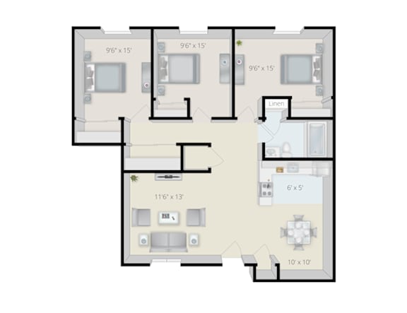 A floor plan of an apartment with three bedrooms and two bathrooms.