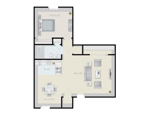 A floor plan of a house with a kitchen, living room, and two bedrooms.